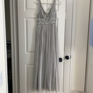 Long grey tulle dress with embroidered top